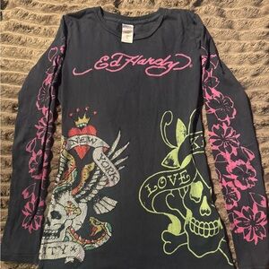 Christian Audigier Ed Hardy Black Long Sleeve with Rhinestones & Graphics